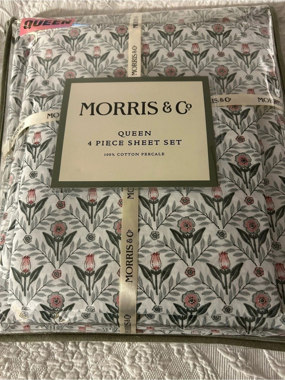 Morris & Co. Queen 4 Piece Sheet Set 100% Cotton Percale Tulip & Rose Pink   New